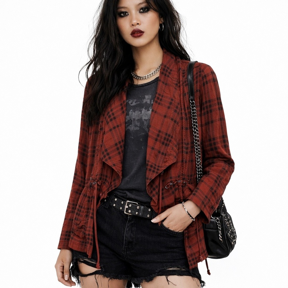 BKE Open Front Plaid Jacket Red Drawstring‎ Waist Grunge Streetwear Size M